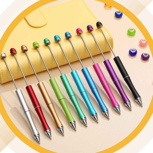 Chivao 50 Pieces Metal Beadable Pens Bulk Beaded Pens Black Ink Ballpoint with Refills Assorted Beadable Items for Focal Beads DIY Making Gifts Student Teacher Kids Office School Business Supplies