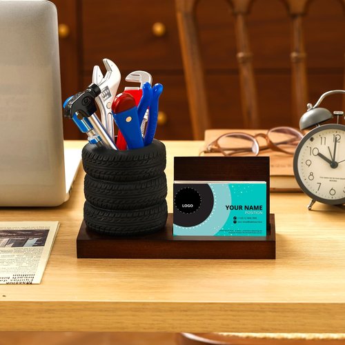 Feifeiya 7 Pcs Tire Shape Stationery Set Wooden Tire Pen Holder Business Card Holder Desktop Novelty Desk Organizer Tool Funny Automotive Desk Accessories for Men Gifts Mechanic Car Lovers(Brown)