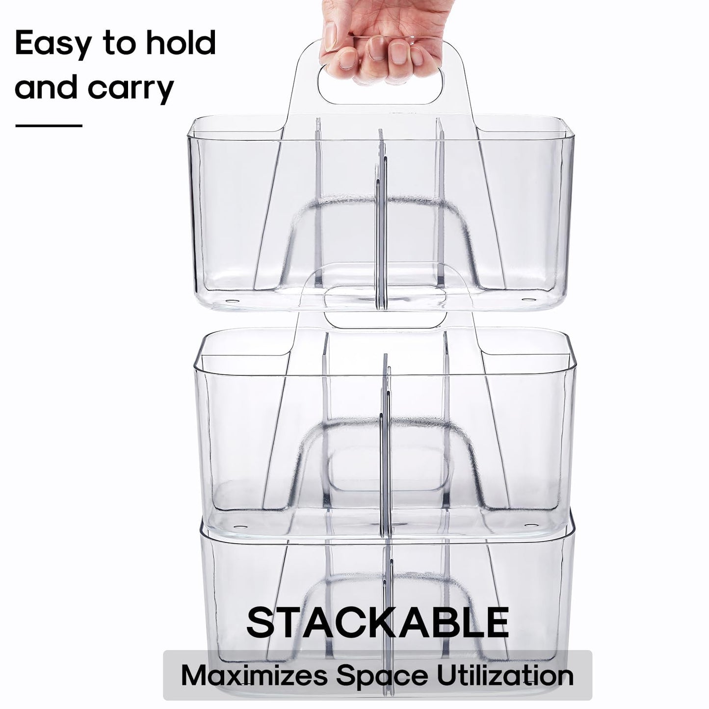 Multiuse Caddy Organizer with Handle, Portable Divided Plastic Tote Bin - Art Craft, Stationary Pen Marker Crayons, Makeup Hair Supplies Storage - Bathroom, Classroom, Dorm, Office, Desk Holder -Clear