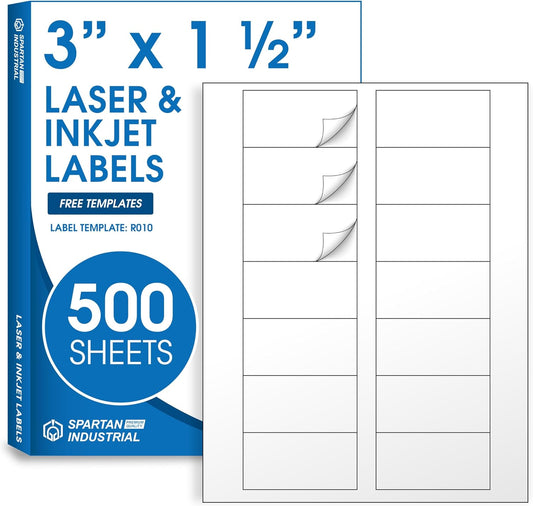 Spartan Industrial Printable Address Labels - 3" x 1.5" Matte White Stickers (500 Sheets, 7000 Labels) for Laser & Inkjet Printers