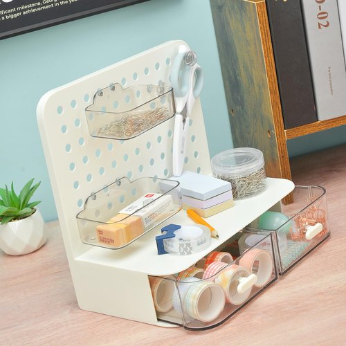 ONEFOLL Desktop Storage Organizer, Cave Board Stand Organizer With 2 drawers, Pen Holder, Work Position Shelf Acrylic Desk Organizer, Stationery Organizing Box