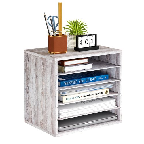 PAG-Mass Countertop Mail Sorter, Wood Vintage Literature Organizer, Office Supplies Desktop File Bill Paper Holder for Office Home School, 4 Compartments, Retro White