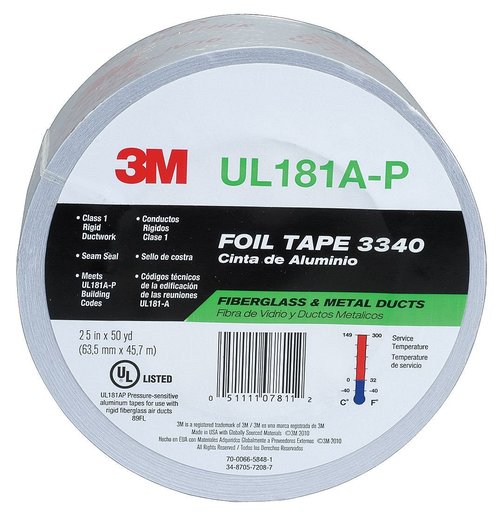 3M Aluminum Foil Tape 3340, 2.5" x 50 yd, 4.0 mil, Silver, HVAC, Sealing and Patching Hot and Cold Air Ducts, Fiberglass Duct Board, Insulation, Metal Repair