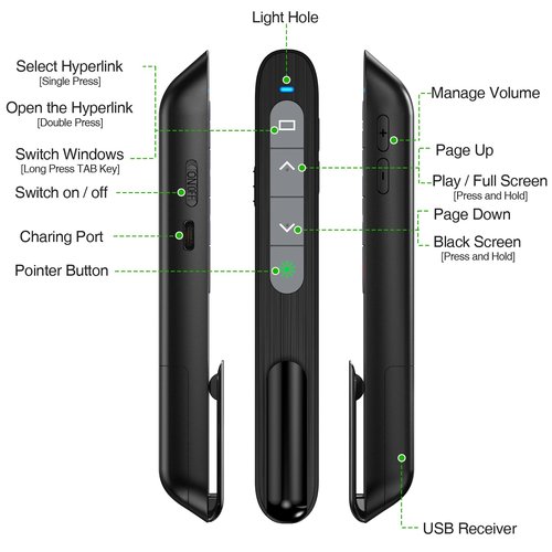 USB C Rechargeable Presentation Clicker with Green Light,Remote Clicker for Presentations Wireless Presenter Slide Changer PPT Advancer Pointer with Volume Control for Laptop Computer