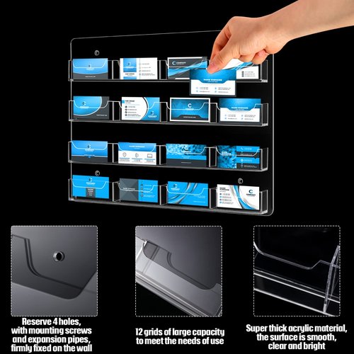 2 Pieces Acrylic Business Card Holder Wall Mount Clear Sticker Display Rack Multiple Clear Acrylic Card Organizer Sticker Display Stand Pre Drilled Index Card Storage (16 Pockets/ 15.7 x 11.8")