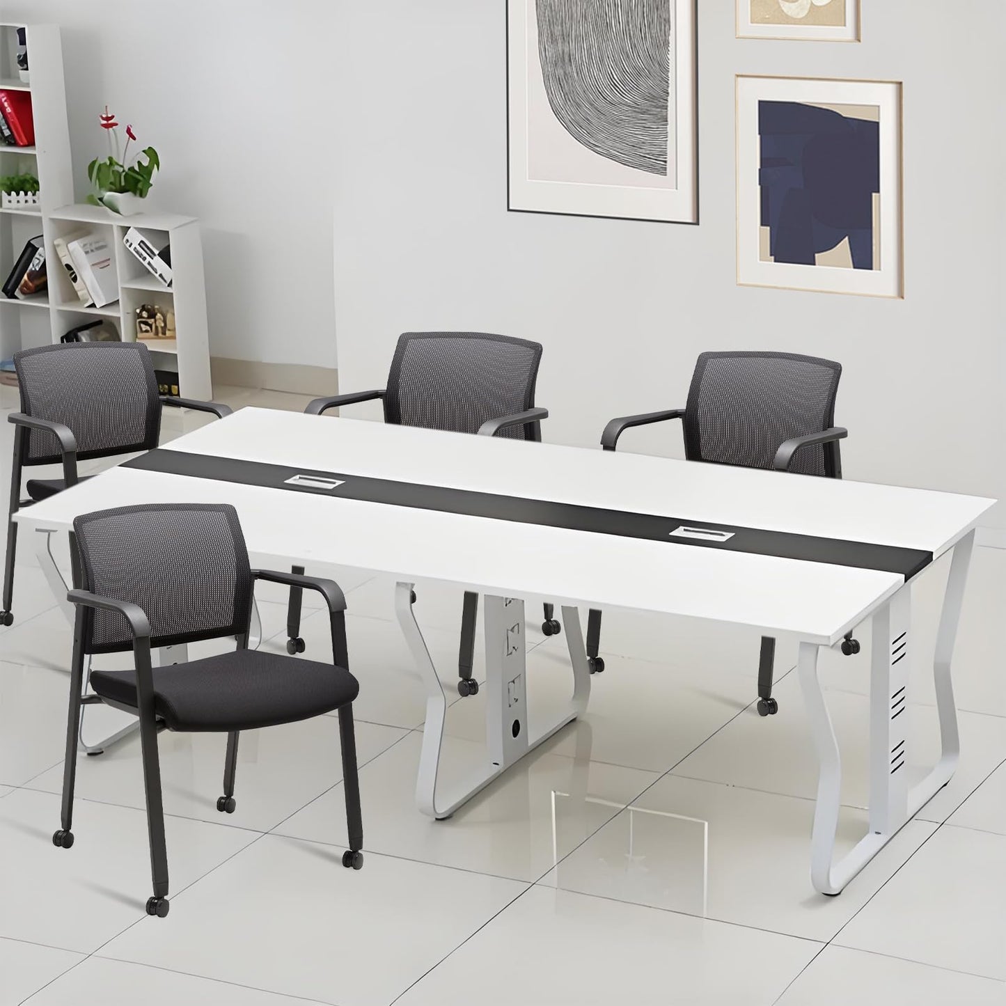 CLATINA Black Waiting Room Chair with Wheels Mesh Back Stacking Arm Chairs with Upholstered Fabric Seat and Ergonomic Lumbar Support for Office School Church Guest Reception