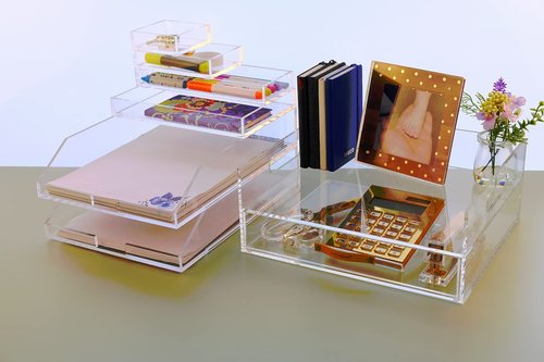 EXPUTRAN Acrylic Desk Organizer Drawer + Inbox with Letter Tray 12.6” x 10.6” x 5”, A4 Size, Clear