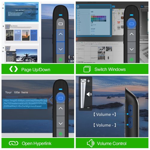 USB C Rechargeable Presentation Clicker with Green Light,Remote Clicker for Presentations Wireless Presenter Slide Changer PPT Advancer Pointer with Volume Control for Laptop Computer