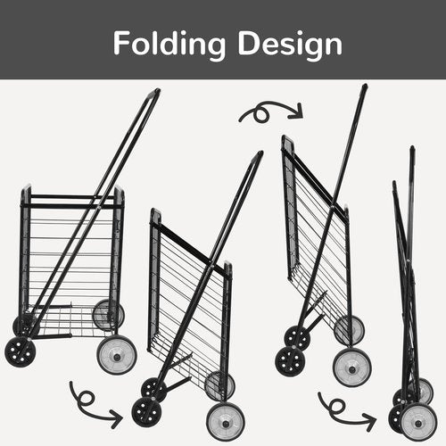 Elevon Foldable Shopping Utility Cart, Collapsible Durable Grocery Utility Cart with Rolling Wheels for Easy Storage, Laundry, Book, Luggage Travel, Compact Portable, Black