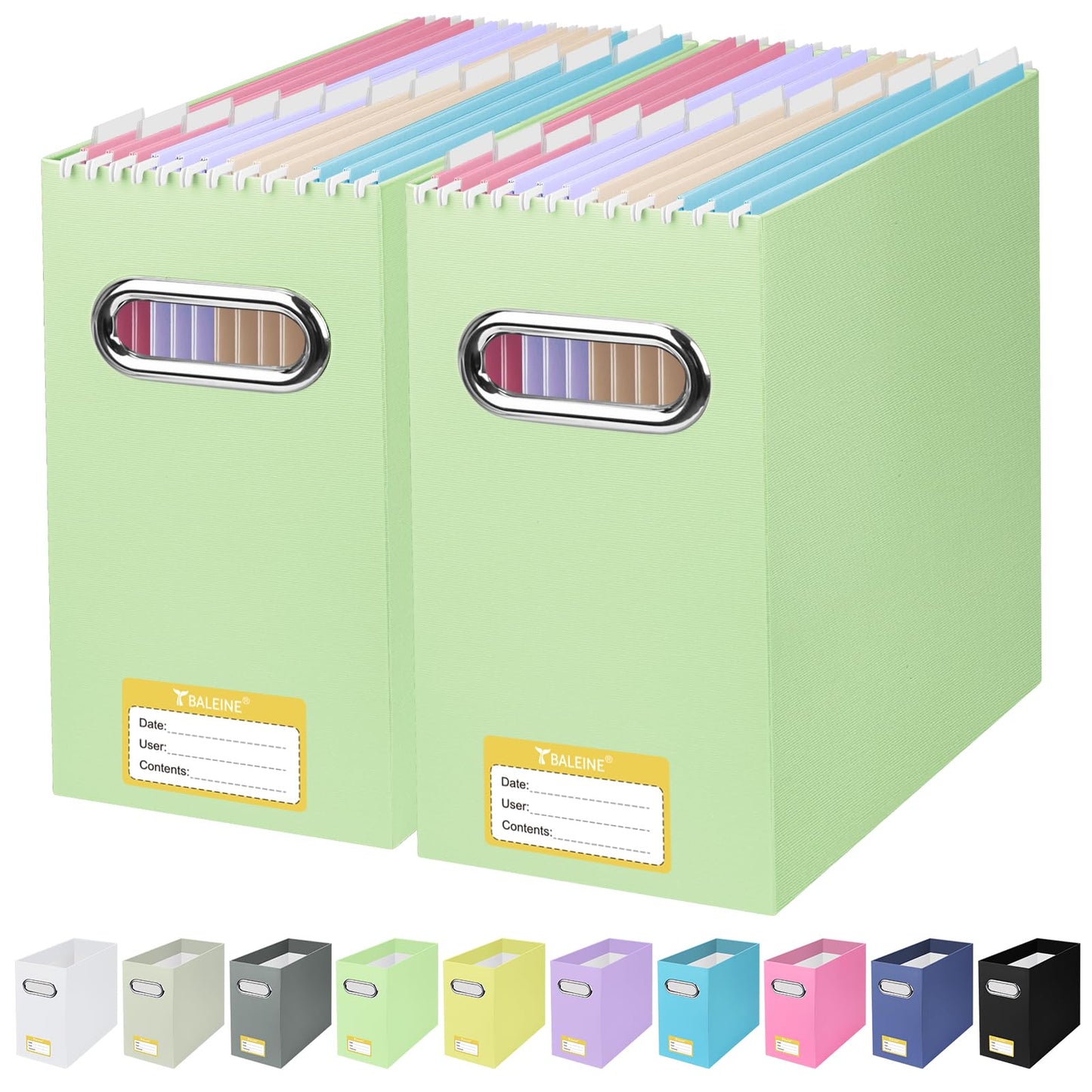 BALEINE File Organizer Box, Cardboard File Folder Organizer with Handle for Letter Size, Portable Collapsible Hanging Filing Box for Home Office Document Storage (2 Pack, Green)