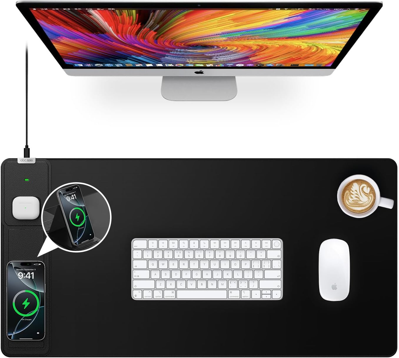 Wireless Charging Mouse Pad - Foldable Phone Holder | Large 31.5"x15.8" Desk Mat, Waterproof & Non-Slip, Black