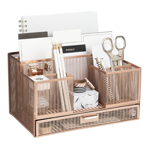 BLU MONACO Rose Gold Desk Organizer with Sticky Note & File Holder – Office Accessories & Workspace Storage, Vanity & Bathroom Countertop Organizer