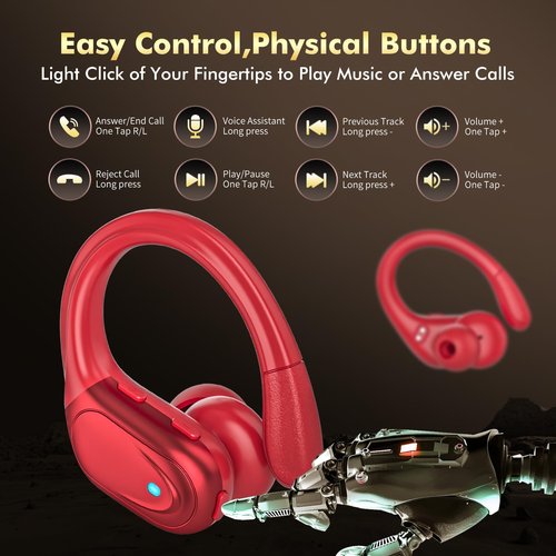 HAOYUYAN Wireless Earbuds, Sports Bluetooth Headphones, 80Hrs Playtime Ear Buds with LED Power Display, Noise Canceling Headset, IPX7 Waterproof Earphones for Workout/Running Red