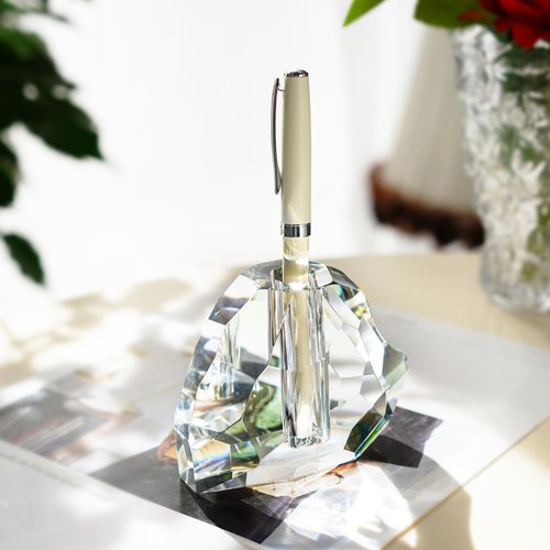 QFkris 3.5'' Crystal Signature Fountain Pen & Pencil Holder Heart Shaped Glass Cut Pen Stand Office Supplies Desktop Organizer Desk Decoration Student Graduation Birthday Gift