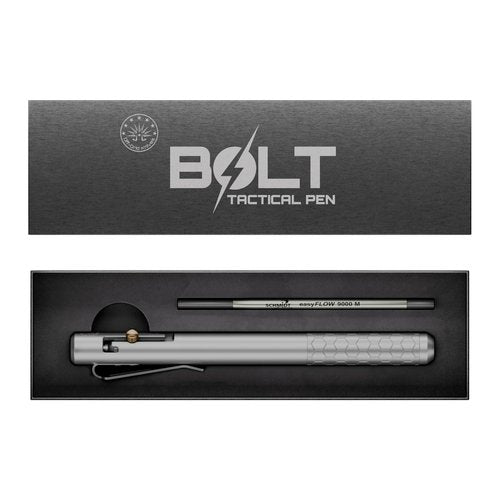 Off-Grid Knives BOLT Tactical Pen with Tungsten Carbide Glass Breaker, Overbuilt Bolt Action XL Writing Tool, Aircraft Aluminum, German Ink, Stainless Steel Clip (Silver)
