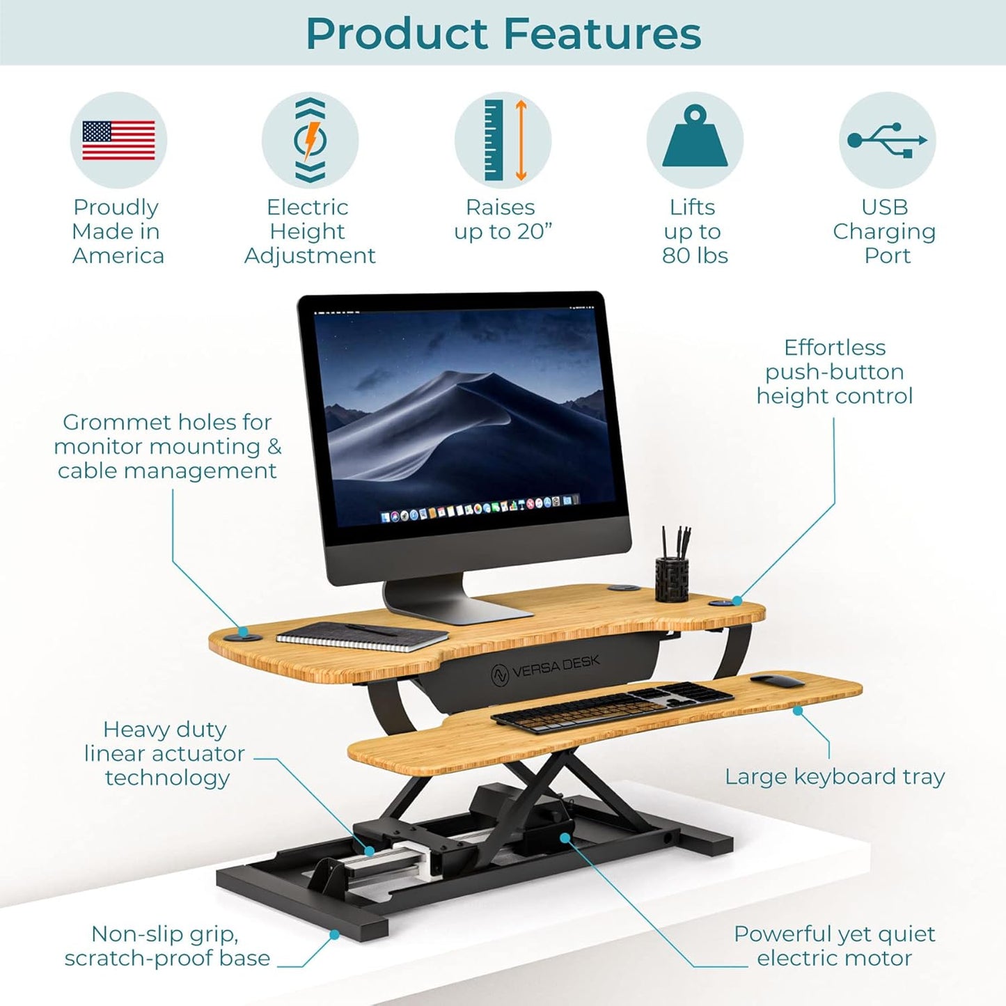 VERSADESK® PowerPro™ Standing Desk Converter - 36" x 24" Electric Height Adjustable Riser with Keyboard Tray & USB Hub - Ergonomic Bamboo Workstation for Home & Office