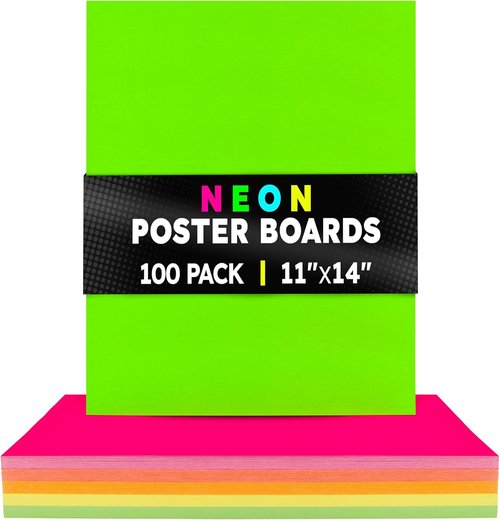 Hygloss Medium Poster Board - 100 Assorted Neon Color Boards | 11x14 Inches, 10 Pt. Thickness for Projects & Displays