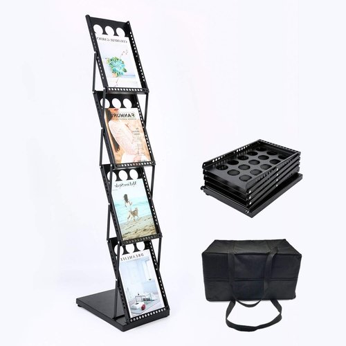 Polmart 4-Tier Brochure Stand. Heavy Literature Display Magazine Rack with Adjustable Pockets. Portable Collapsible Design with Carry Bag for Trade Shows, Offices, Retail Stores (Black)