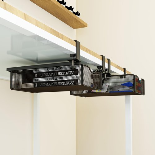 WOCHUANGSI Under Desk Drawer Organizer Tray Slide Out Clamp On Desk Pull-Out Storage Shelf for Office Supplies and Desktop Accessories, Metal Hanging Baskets, 2 Pack Large and Small (Black)