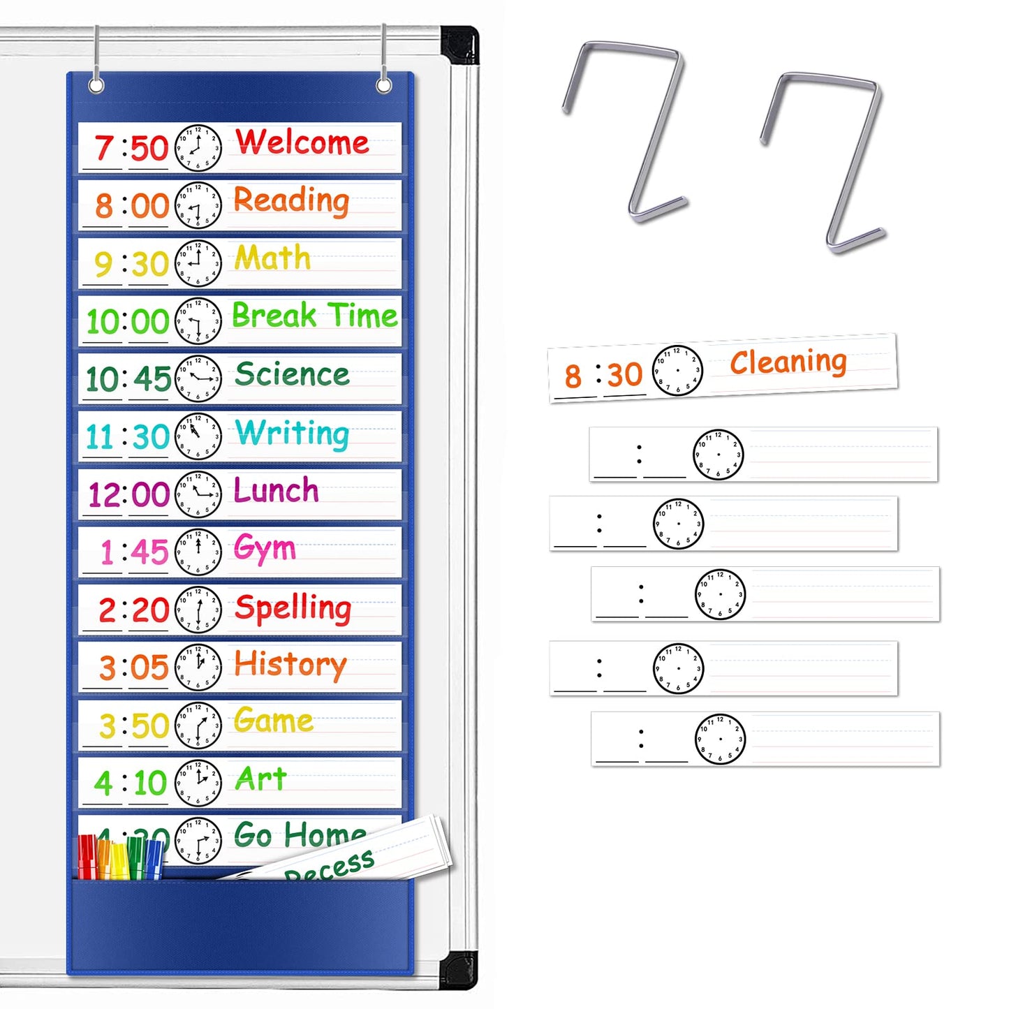 AUVCAS Daily Schedule Pocket Chart – 13+1 Pockets Visual Schedule for Kids with 18 Reusable Dry-Erase Cards & 2 Over-the-Door Hooks for Classroom, School, Home (Blue)