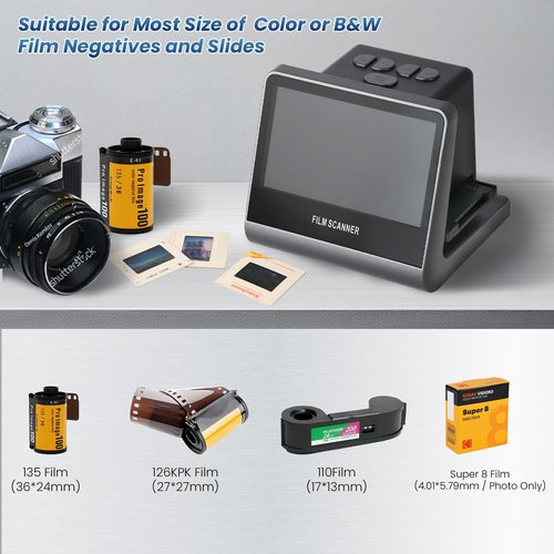 22MP Film and Slide Scanner with 5” LCD Screen, Convert Color & B&W Negatives & Slides 35mm, 126, 110 Film to High Resolution JPEG Digital Photos