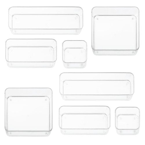 primebox Eight Piecs. Plastic Clear Drawer Organizers for Bathroom, Kitchen, Bedroom, Office Organizer Bins, Storage Trays. Heavy Duty, Stackable 4 Sizes
