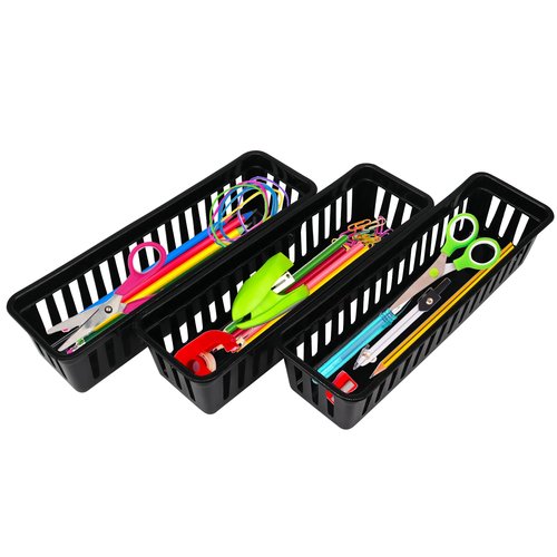 FEOOWV Classroom Pencil or Rubber Organizer Basket Trays, Office Supply Baskets Organization Trays for Home School Classroom Office 12 Pack (Black)