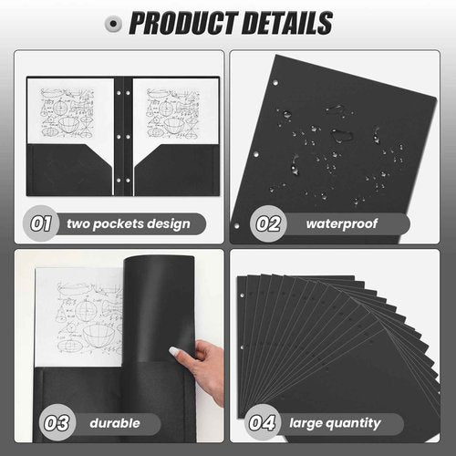 Yeaqee 100 Pcs Plastic Folders with Pockets Bulk 3 Hole Punched 2 Pocket File Folders for 3 Ring Binder Divider Folder for Notebooks, Durable Poly for Office Home (Black)