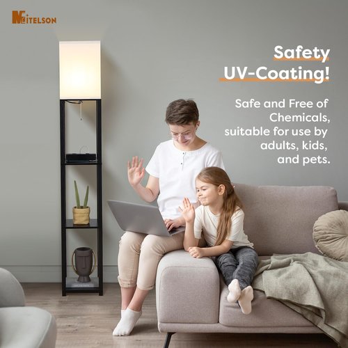 MITELSON Floor Lamp with Shelves and USB, USB-C & Power Outlets, Shelf Lamp with Charging Station, Modern Square Lamps for Living Room, Standing Floor Lamp for Bedroom and Office, Tall Lamp, Black