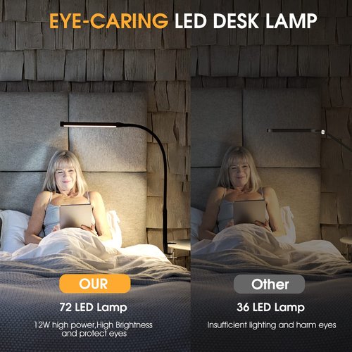 Voncerus LED Desk Lamp with Clamp, Eye-Caring Clip on Lights for Home Office, 3 Modes 10 Brightness, Long Flexible Gooseneck, Metal, Swing Arm Architect Task Table Lamps with USB Adapter, Black