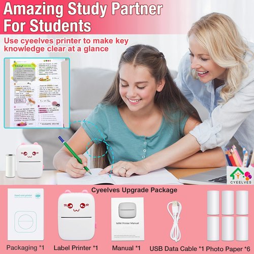 Portable Mini Thermal Printer with 6 Roll Printing Paper, Bluetooth Wireless Smart Mini Printer for iOS Android, Inkless Photo Picture QR Code Receipt List