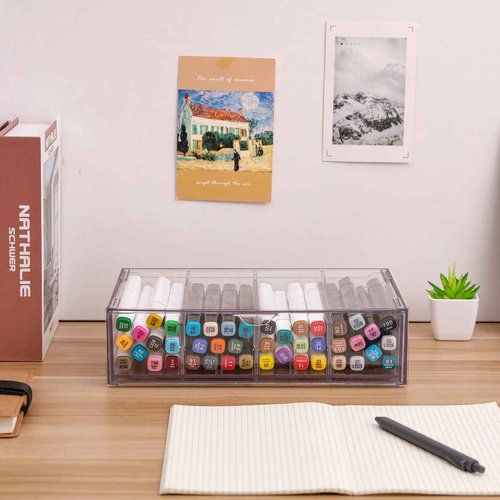 Yesesion 4 Pack Clear Office Supplies Organizer Drawer for Desk, Stackable Marker Pen and Pencil Holder with Adjustable Compartment, Large Desk Accessories Storage Box for Art Crafts, Stationery