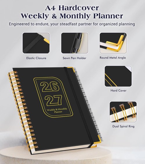 2026-2027 Planner | Skiennix 18-Month Hardcover Weekly & Monthly Organizer - Large A4, Black