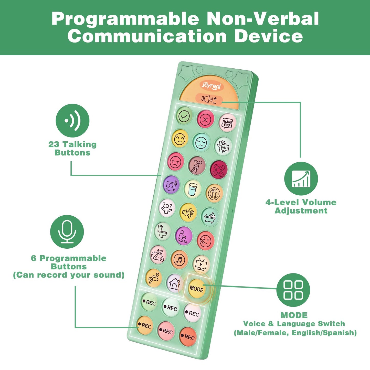 Joyreal AAC Device for Autism, Non Verbal Communication Tools for Speech Therapy&Stroke Rehab. Autism Talking Aids with 6 Programmable Buttons & Adjustable Volume for Kids&Adults(EN/ES Voice Switch)