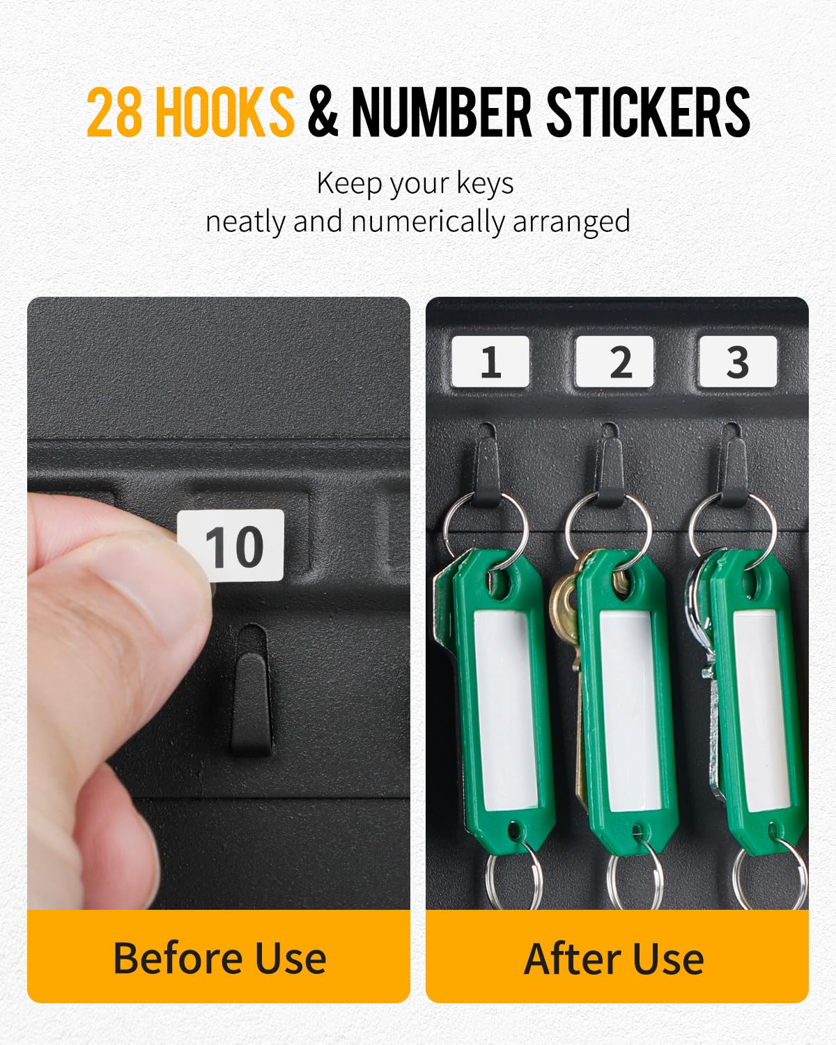 Uniclife Steel Key Cabinet Wall Mounted Organizer - 28 Keys, 2 Unlocking Keys - Black Frosted Security Box with Hooks and Color-Coded Labels