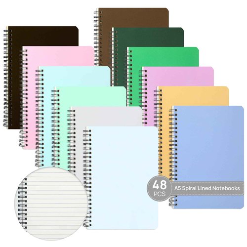 miikoul 48 Pack A5 Spiral Lined Notebooks, 8.3" X 5.5", 60 Sheets/120 Pages Wide Ruled Notebook Spiral Journals Bulk Paper Cover Notepad 12 Colors for Students Taking Class Notes Home Office Gift