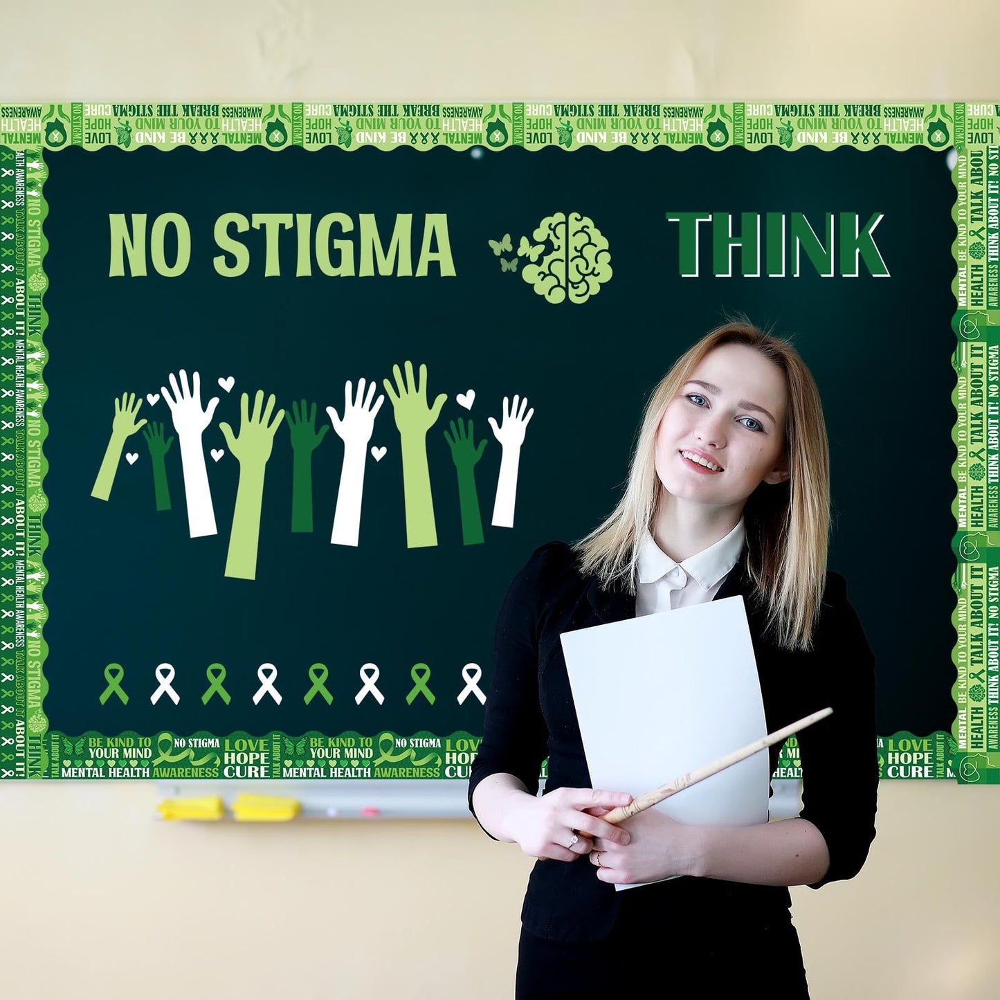 Funrous 79 ft Mental Health Bulletin Board Borders 80 Pcs Green Ribbon Mental Health Awareness Month Border Trim Inspirational Decorative Stickers for Back to School Office Chalkboard Wall Decor