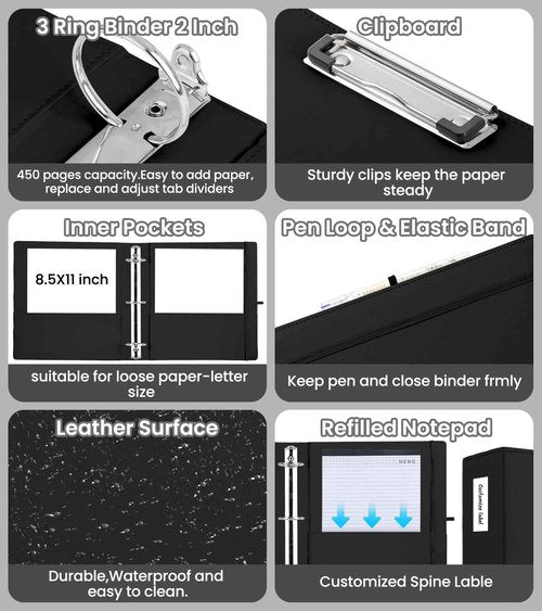 BVSSX 3 Ring Binder with Clipboard,2 Inch Binders with Notepad&5 Dividers with Pockets, Labels,PU Clipboards for School Office(Black,Letter Size)