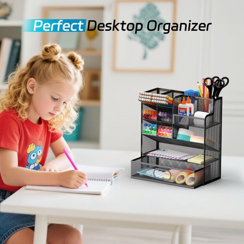 ReePlan Mesh Pen Organizer for Desk, Multi-Functional Pencil Holder with Drawer Desk Organizers, Large Capacity Storage for School Office Home Supplies