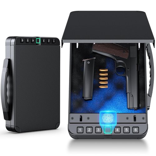 Portable Gun Safe for Handgun, Biometric Handgun Safe - Quick Access Fingerprint & Keypad Lock for Home/Car/Travel | USB Rechargeable | Fits Nightstand Drawer & Bedside