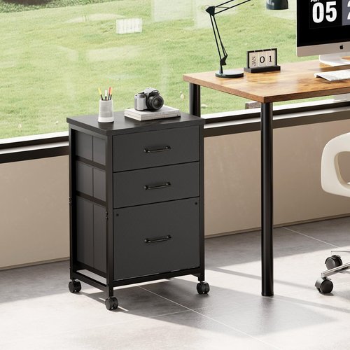 Maihail 3 Drawer Mobile File Cabinet with Wheels Fabric Vertical Filing Cabinet fits A4 or Letter Size for Home Office,Black