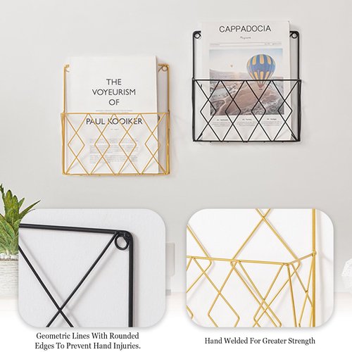 kumet Wall-Mounted File Organizer, Metal Wall File Holder, Magazine Rack, Space-Saving Design, Ideal for Home Office, Workspace, and Study Room Organization (Gold)
