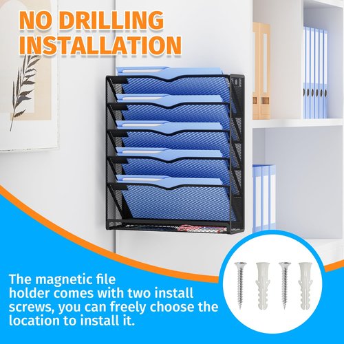 Mogbhw 6-Tier Magnetic File Holder, No Drilling Magnetic File Organizer Folder Holder, Black Hanging Magnetic Paper Holder for Refrigerator, Whiteboard, File Cabinets, Office, Kitchen (Black, 6-Tier)
