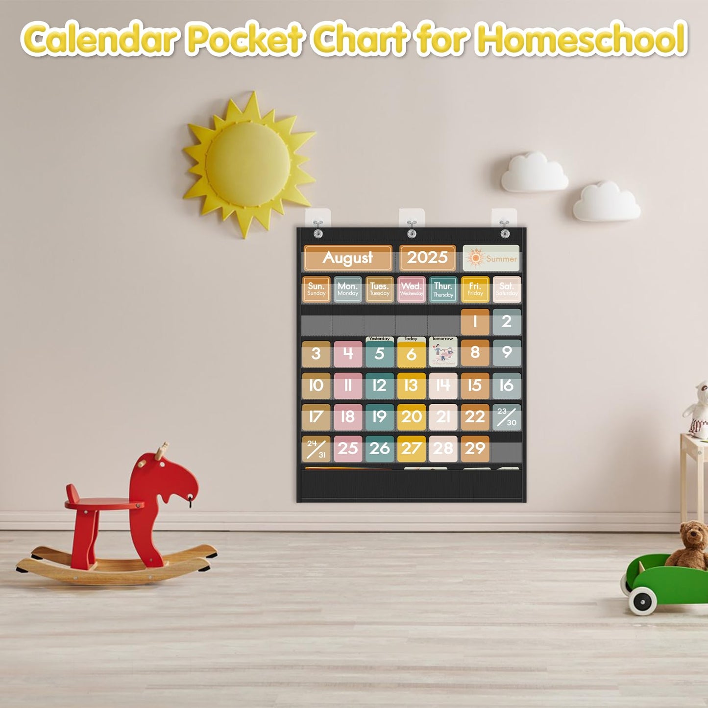 Jercecy 48 Pockets Classroom Calendar for Kids Learning, Pocket Chart Calendar Decor with Special Educational Cards, Teacher and Classroom Must Have Supplies, Boho