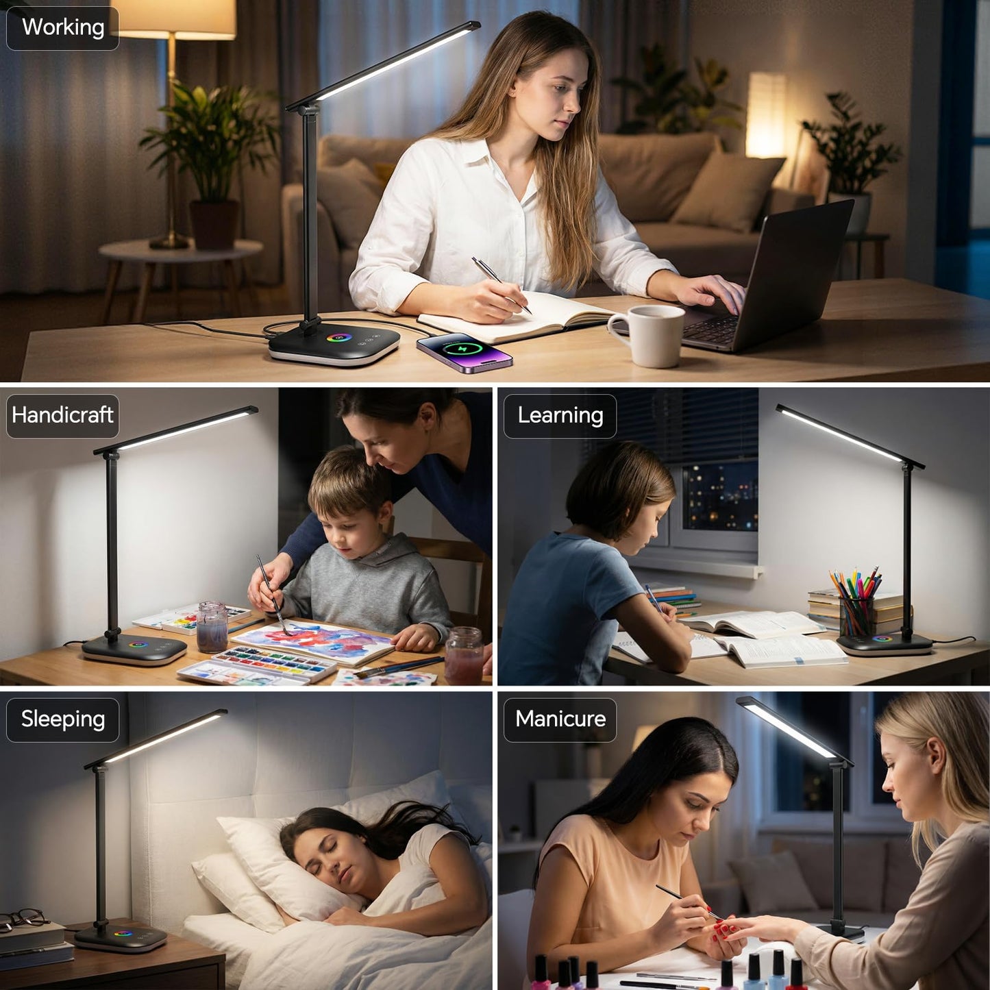 Bright LED Desk Lamp for Office Home, 10%-100% Dimmable Brightness & 5 Color, 800 Lumen Puzzle Light, Eye Caring Desk Light for Reading, Craft, Puzzl, Daily Use | USB desk lamp | 45 Min Timer | RGB