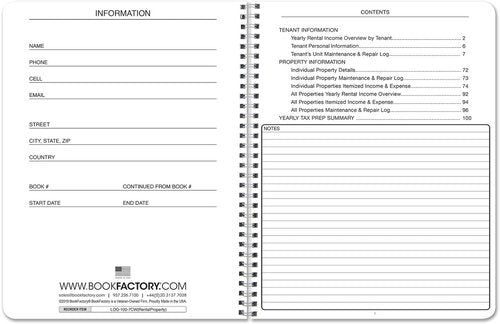 BookFactory Rental Property Record Book - 100 Pages Wire-O Log for Landlords | 8.5'' x 11'' Size