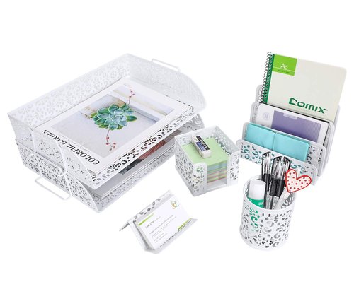 EasyPAG 5-Piece Desk Organizer Set with Carved Floral Design - No Assembly Stackable 2-Tier File Tray, Letter Sorter, Pen & Card Holders for Office/Home/Dorm, White