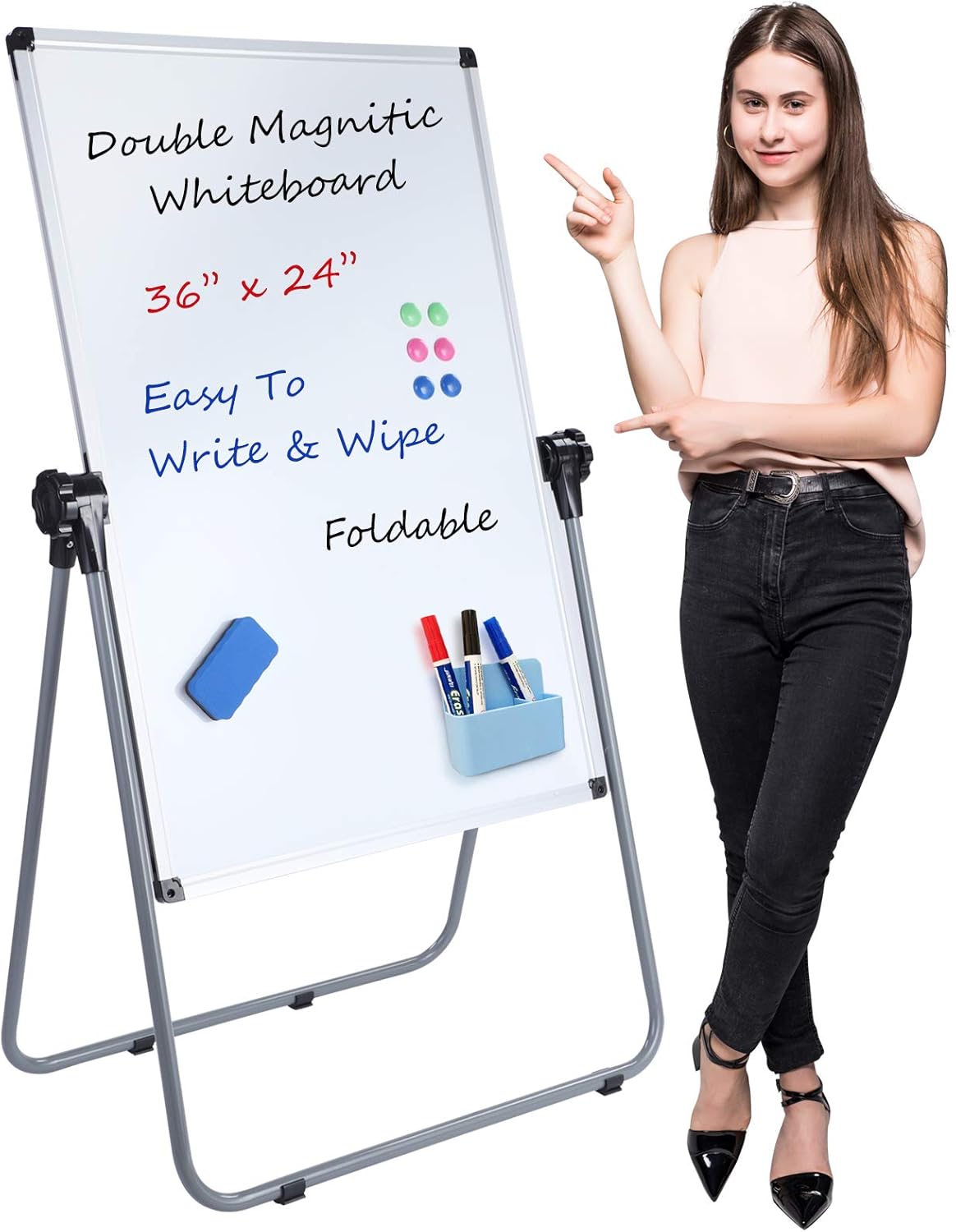 Stand White Board - Double-Sided Magnetic Dry Erase Board | Height Adjustable with Sturdy Aluminum Frame - 36 x 24 Inch