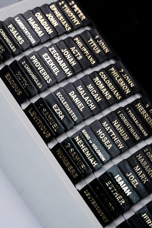 UPAFEXXI Leather Bible Tabs - Large Print Stickers with Gold Foil Lettering | Easy Navigation Labels (Black)