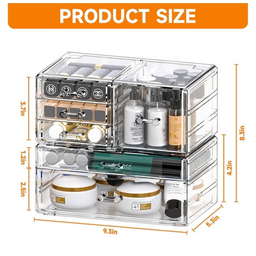 Cq Acrylic Desk Organizer - 2 Pack Clear Stackable Design with 6 Drawers for Skincare & Jewelry Storage